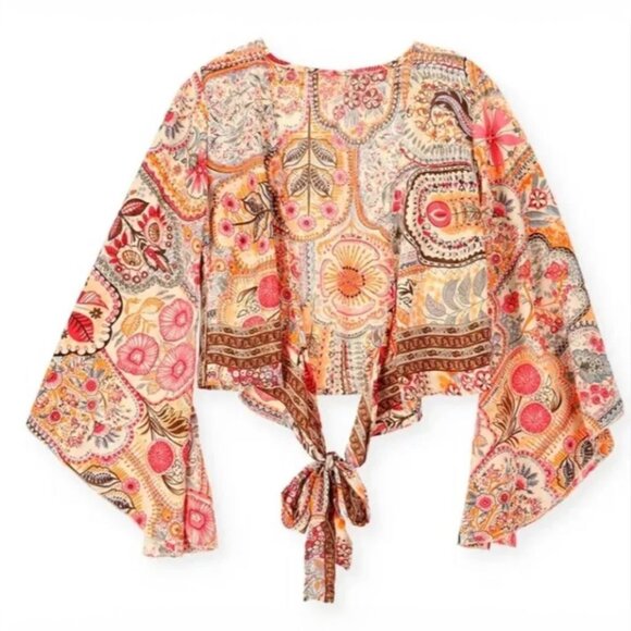 Ale-Hop Wrap Tie Crop Top One Size Flare Brocade Artsy Flowy Silky Floral Hippie - Picture 4 of 9